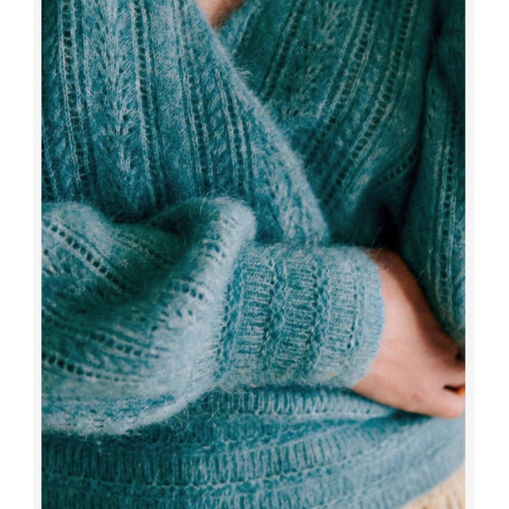 Sezane Cristina Jumper Blue Bleu Paon Sweater French Wool Mohair V Neck - Picture 4 of 9